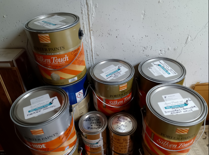organized paint shelf full of correctly labeled
                    cans.